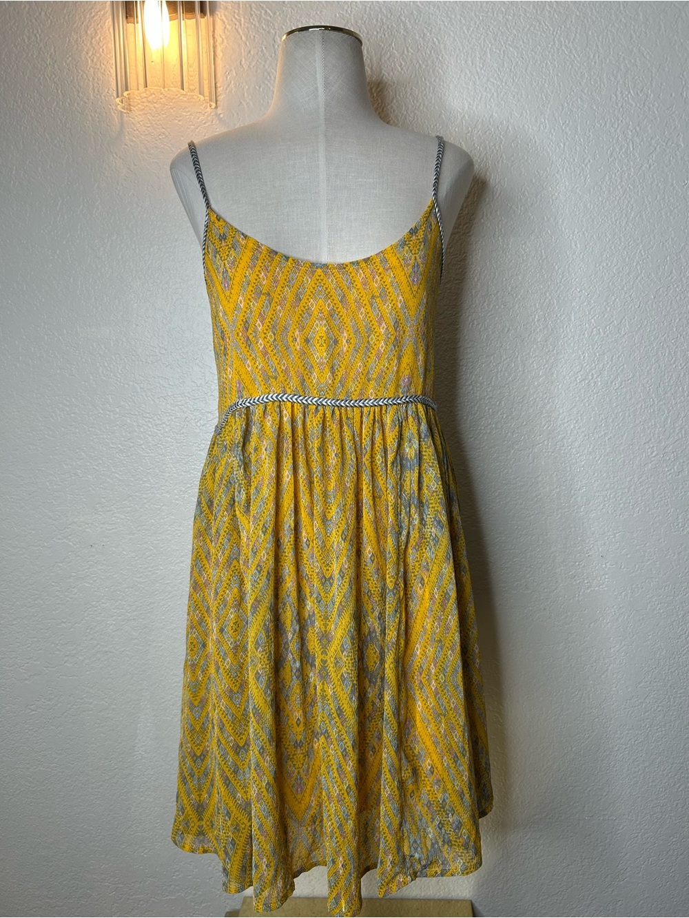 Free People Yellow and Gray Patterned Spaghetti-Strap Mini Dress
